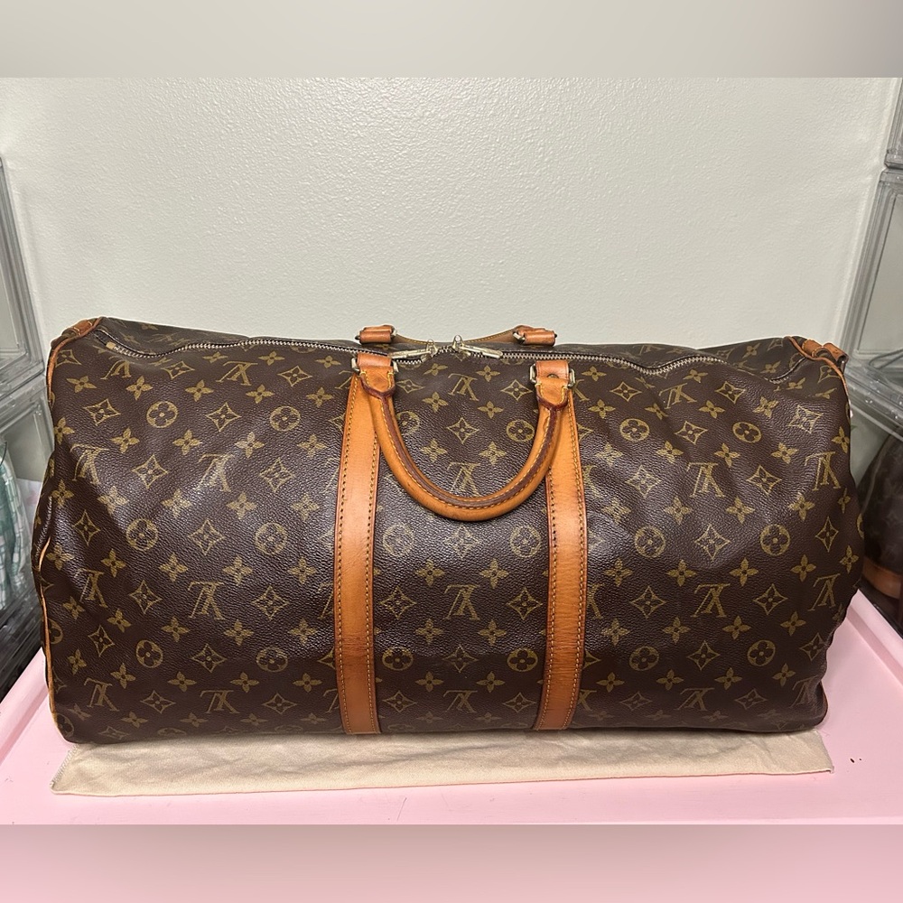 Louis Vuitton Brown Monogram Canvas Keepall Duffel Bag with Tan Leather Trim